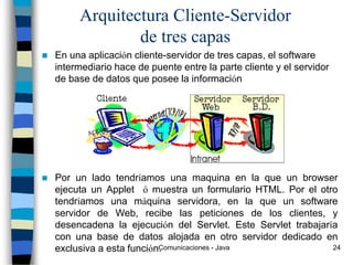 Comunicaciones - Java 24
Arquitectura Cliente-Servidor
de tres capas
 En una aplicación cliente-servidor de tres capas, el software
intermediario hace de puente entre la parte cliente y el servidor
de base de datos que posee la información
 Por un lado tendríamos una maquina en la que un browser
ejecuta un Applet ó muestra un formulario HTML. Por el otro
tendríamos una máquina servidora, en la que un software
servidor de Web, recibe las peticiones de los clientes, y
desencadena la ejecución del Servlet. Este Servlet trabajaría
con una base de datos alojada en otro servidor dedicado en
exclusiva a esta función.
 
