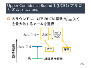 Upper Confidence Bound 1 (UCB1) 르
ꥺ [Auer+ 2002]
? 饦ɤˡ¤UCB1ָ ?UCB1 ?, ?
󻯤륢`xk
?UCB1 ?, ? = ??(?) +
log(?)
??(?)
26
??
?UCB1 ?, ?
UYڴ
ڴ
̽
 