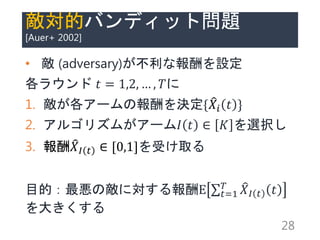 ĥХǥåȆ}
[Auer+ 2002]
?  (adversary)ʈO
饦 ? = 1,2,  , ?
1. `ΈQ{ ?? ? }
2. 르ꥺब`? ?  ? xk
3.  ?? ?  [0,1]ܤȡ
ĿģΔˌE ?=1
?
?? ? ?
󤭤
28
 