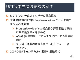 UCTϱ˱ҪʤΤ
? MCTS (UCT)ĥ`ص̽
? ͨUCTϵ [Yoshimoto+ 06]  `֪R
ۤzߤϱ
? Progressive widening: Ʒ|uvǰ
֤΃λQ
? AMAF (ǰᣭɤȤ˴äƤ
ͬ)
? यΣ쳞|äҥ`ꥹ
ƥå
? 2007-2015ϥƥ쳞r
43
 
