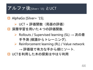 ե[Silver+ 15] UCT
? AlphaGo [Silver+ 15].
? UCT + uvu
? ѧäĤuv.
? Rollouts / Supervised learning (SL)  Τ
y (Vȥ`˥).
? Reinforcement learning (RL) / Value network
 u֤혤˥`.
? UCTäľ̽ϤϤ
44
 