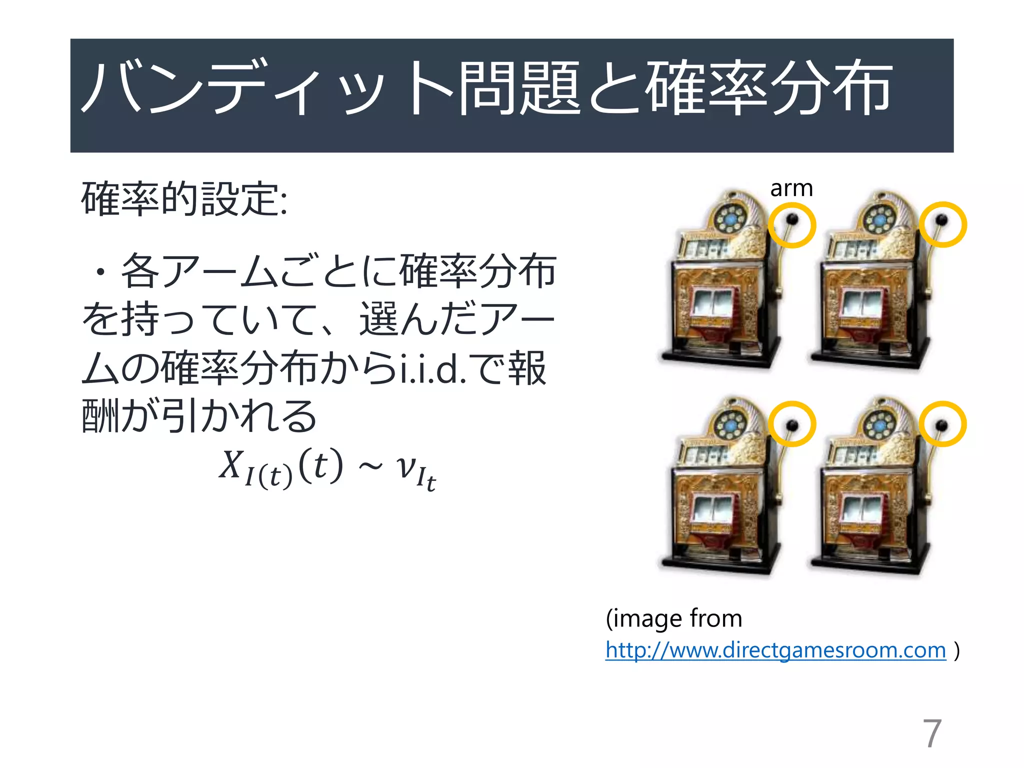 バンディット問題と確率分布
確率的設定:
・各アームごとに確率分布
を持っていて、選んだアー
ムの確率分布からi.i.d.で報
酬が引かれる
𝑋𝐼 𝑡 𝑡 ∼ 𝜈𝐼𝑡
7
(image from
http://www.directgamesroom.com )
arm
 