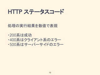 ステータスコード
処理の実行結果を数値で表現
・ 系は成功
・ 系はクライアント系のエラー
・ 系はサーバーサイドのエラー
13
 