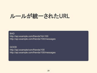 ルールが統一された
BAD
http://api.example.com/friends?id=100
http://api.example.com/friends/100/messages
GOOD
http://api.example/com/friends/100
http://api.example.com/friends/100/messages
29
 