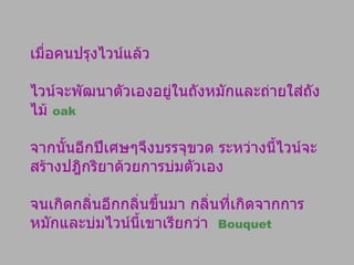 เมื่อคนปรุงไวน์แล้ว  ไวน์จะพัฒนาตัวเองอยู่ในถังหมักและถ่ายใส่ถังไม้  oak จากนั้นอีกปีเศษๆจึงบรรจุขวด ระหว่างนี้ไวน์จะสร้างปฎิกริยาด้วยการบ่มตัวเอง จนเกิดกลิ่นอีกกลิ่นขึ้นมา กลิ่นที่เกิดจากการหมักและบ่มไวน์นี้เขาเรียกว่า  Bouquet 