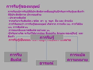 การรับรู้ของมนุษย์ การเรียนรู้การรับรู้ที่มีประสิทธิภาพขึ้นอยู่กับปัจจัยการรับรู้และสิ่งเร้าที่มีประสิทธิภาพ ประกอบด้วย ประสาทสัมผัส จากอวัยวะรับสัมผัส  5  ชนิด   ตา  หู  จมูก  ลิ้น และ ผิวหนัง การวิจัยพบว่า การรับรู้ของมนุษย์ เกิดจาก การเห็น  75%   การได้ยิน  13%   การสัมผัส  6%   การดมกลิ่นและรสสัมผัส อย่างละ  3% ปัจจัยทางจิต จะรับรู้ได้มากน้อย ขึ้นอยู่กับ ลักษณะของผู้รับรู้  และสิ่งเร้า การรับรู้เป็นหนทางนำไปสู่การแปลความหมาย การแปลความหมาย อารมณ์ การรับรู้ การรับสัมผัส 
