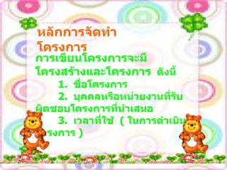 หลักการจัดทำโครงการ การเขียนโครงการจะมีโครงสร้างและโครงการ   ดังนี้ 1.  ชื่อโครงการ 2.  บุคคลหรือหน่วยงานที่รับผิดชอบโครงการที่นำเสนอ 3.  เวลาที่ใช้  (  ในการดำเนินโครงการ  ) 