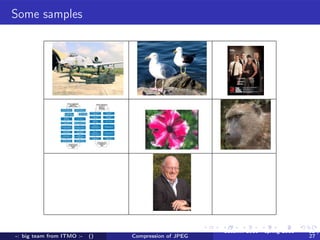 Some samples




                                                      autumn 2010 - spring 2011   12 /
-: big team from ITMO :-   ()   Compression of JPEG                               27
 