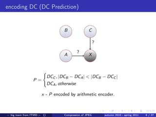 encoding DC (DC Prediction)


                                        B               C

                                                              ?

                                                ?
                                        A               X



                                DCC , |DCB − DCA | < |DCB − DCC |
                  P=
                                DCA , otherwise

                           x - P encoded by arithmetic encoder.



-: big team from ITMO :-   ()           Compression of JPEG       autumn 2010 - spring 2011   6 / 27
 