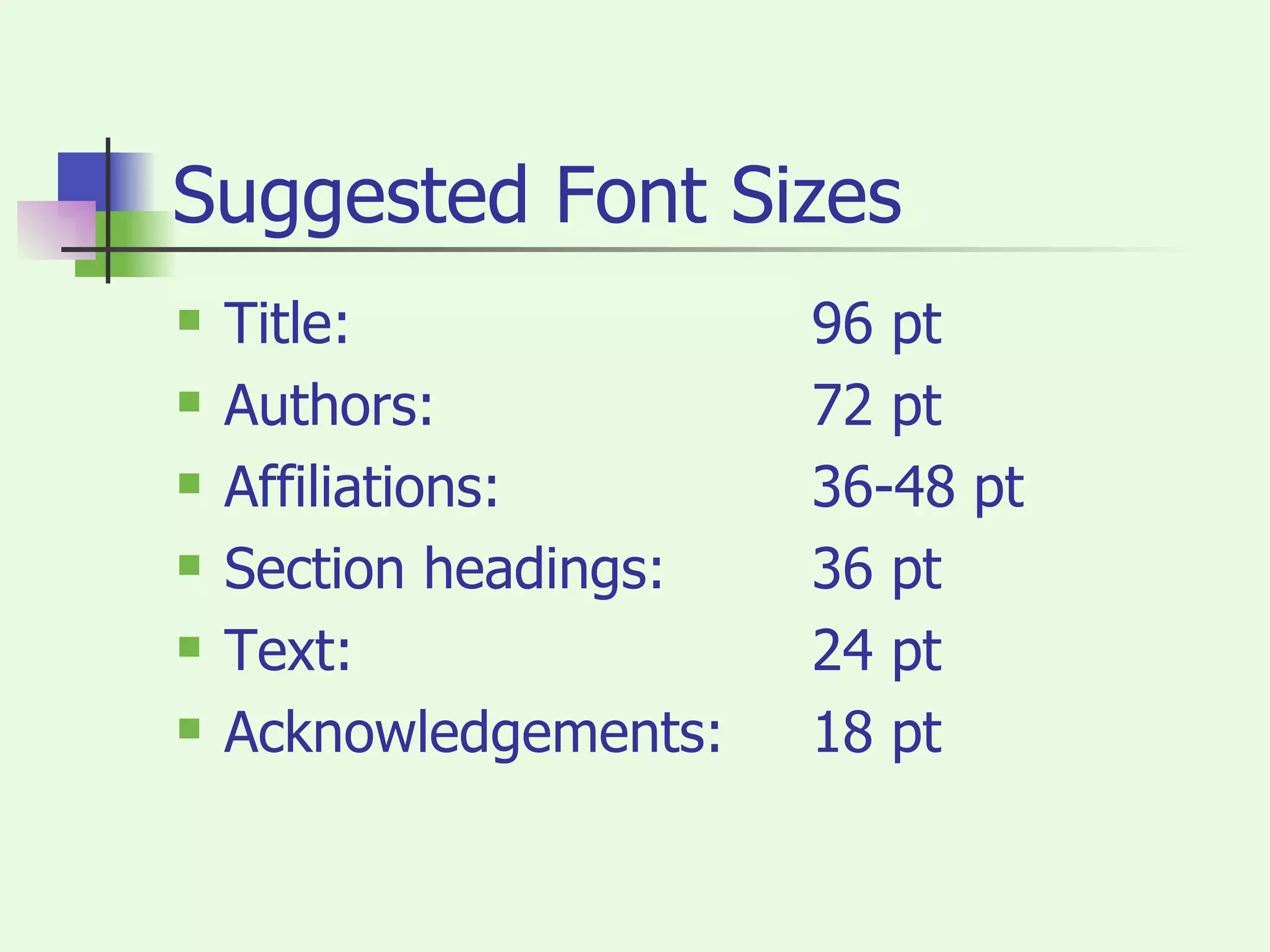Suggested Font Sizes Title:  96 pt Authors: 72 pt Affiliations: 36-48 pt Section headings: 36 pt Text: 24 pt Acknowledgements: 18 pt 