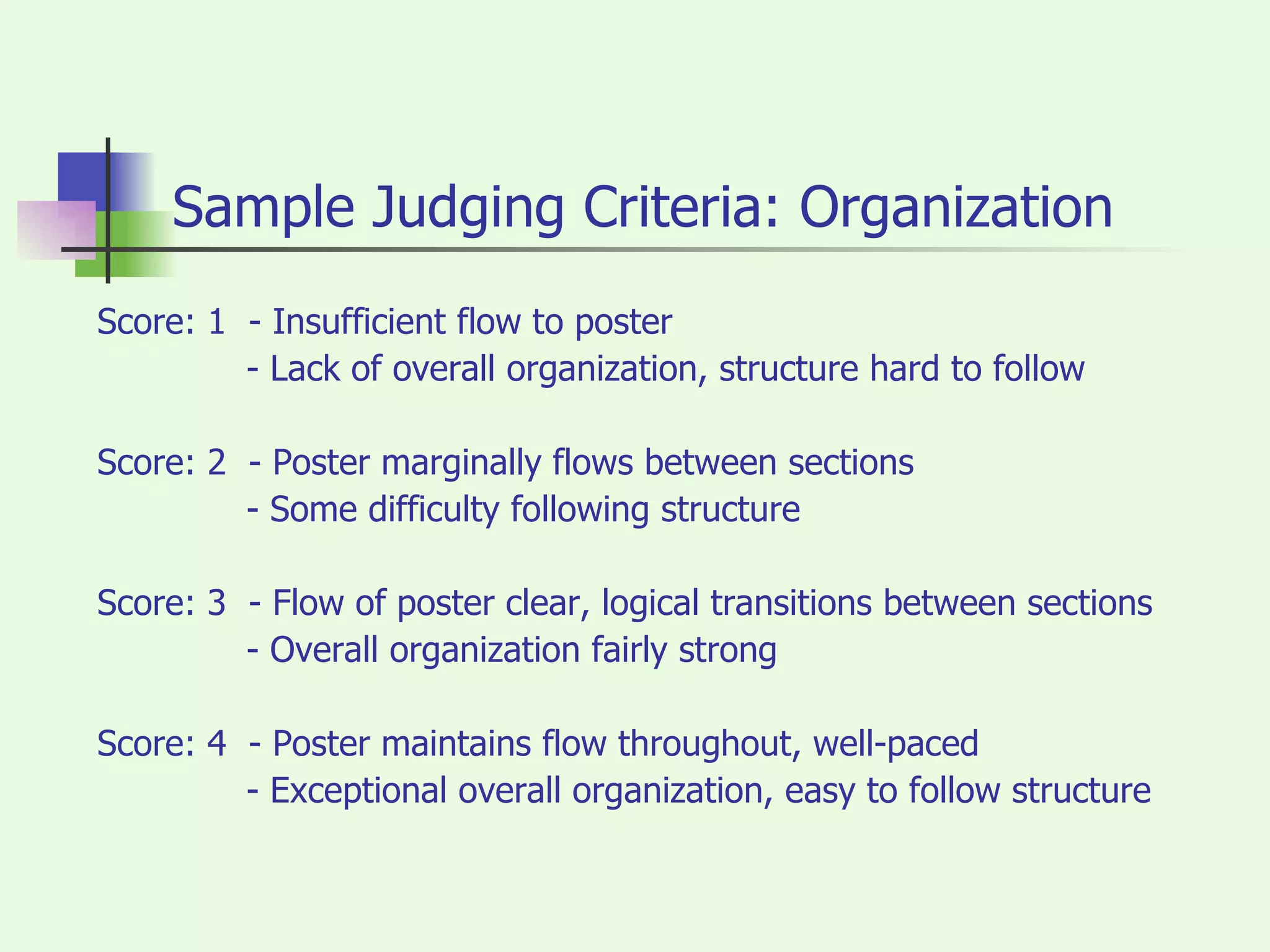 Sample Judging Criteria: Organization Score: 1  - Insufficient flow to poster   - Lack of overall organization, structure hard to follow Score: 2  - Poster marginally flows between sections   - Some difficulty following structure Score: 3  - Flow of poster clear, logical transitions between sections   - Overall organization fairly strong Score: 4  - Poster maintains flow throughout, well-paced   - Exceptional overall organization, easy to follow structure 