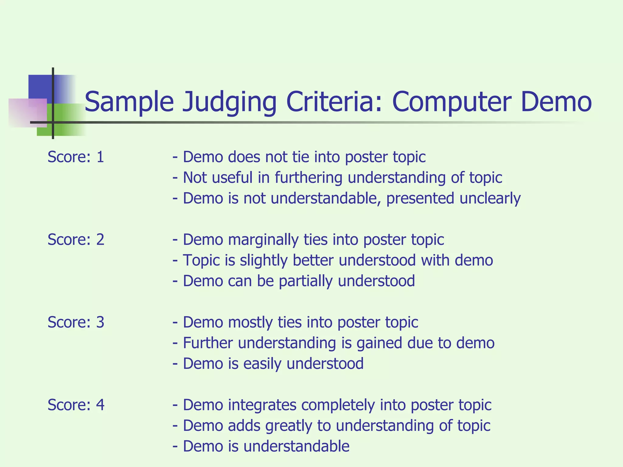 Sample Judging Criteria: Computer Demo Score: 1 - Demo does not tie into poster topic - Not useful in furthering understanding of topic  - Demo is not understandable, presented unclearly Score: 2 - Demo marginally ties into poster topic - Topic is slightly better understood with demo - Demo can be partially understood Score: 3 - Demo mostly ties into poster topic  - Further understanding is gained due to demo - Demo is easily understood Score: 4 - Demo integrates completely into poster topic - Demo adds greatly to understanding of topic - Demo is understandable 