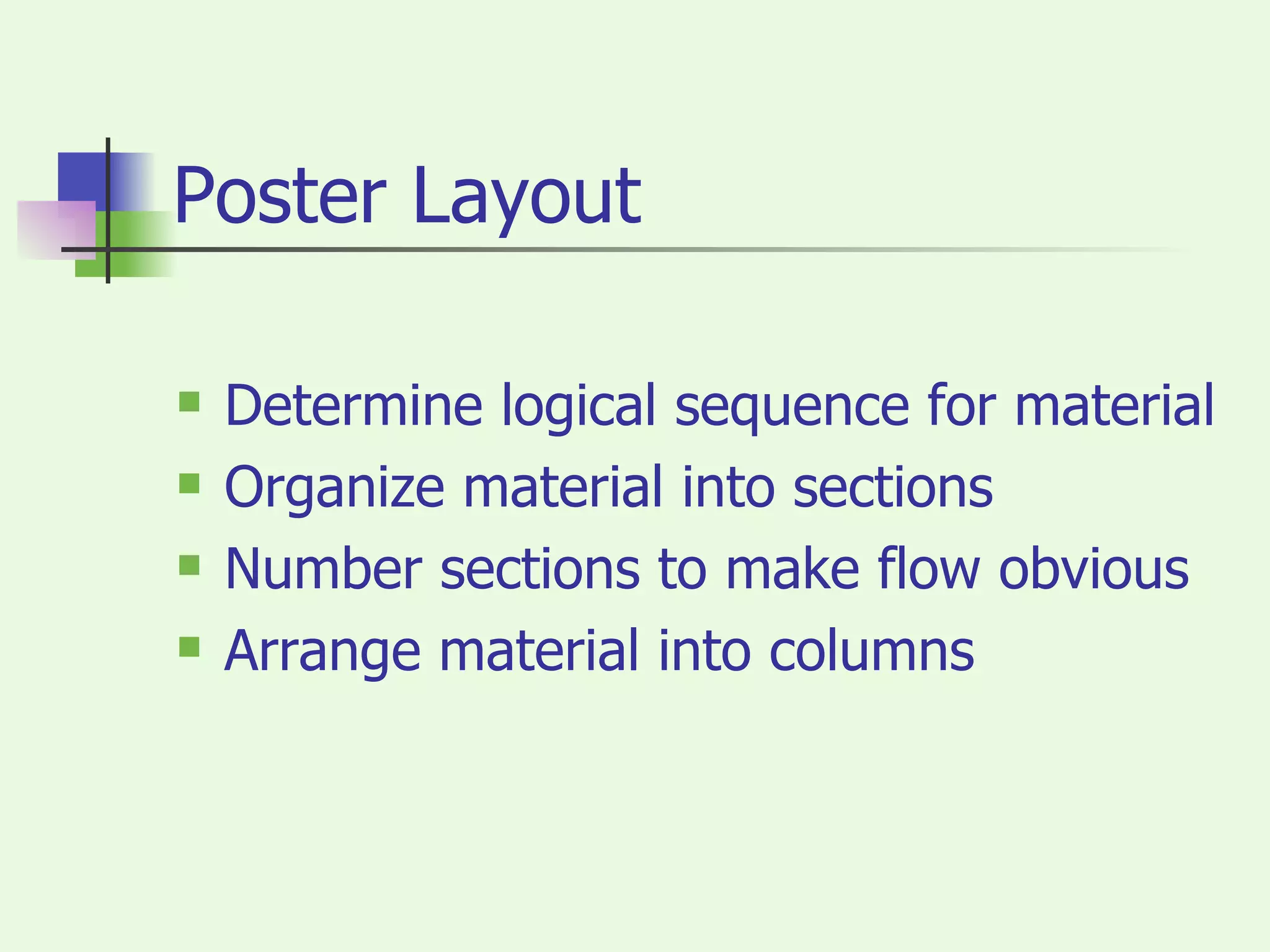 Poster Layout Determine logical sequence for material Organize material into sections Number sections to make flow obvious Arrange material into columns 