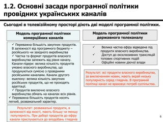 1.2. Основні засади програмної політики провідних українських каналів  Сьогодні в телевізійному просторі діють дві моделі програмної політики. Модель програмної політики комерційних каналів Модель програмної політики державного телеканалу Переважна більшість закупних продуктів. В залежності від програмного бюджету – російського чи західного виробництва Частка та формат продуктів власного виробництва залежить від рівня каналу. Канали-лідери: велика кількість продуктів умовно власного виробництва, що продукуються сумісно з провідними російськими каналами. Канали другого ешелону: велика кількість закупних російських продуктів, що не проходять адаптації.  Продуктів виключно власного виробництва обмаль на каналах всіх рівнів. Переважна більшість продуктів носять легкий, розважальний характер.  Велика частка ефіру відведена під продукти власного виробництва.  Доступ до ексклюзивних трансляцій топових спортивних подій Офіційні новини діючої влади  Результат: всі продукти власного виробництва, за виключенням новин, мають вкрай низьку популярність серед глядачів. В програмній політиці канал не враховує потреб суспільства. Результат: розважальні продукти, в залежності від якості, мають більшу чи меншу популярність. При доборі продуктів до ефіру канали прислухаються до вподобань глядачів 