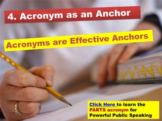 Click Here to learn the
PARTS acronym for
Powerful Public Speaking
 