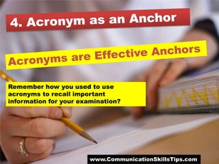 Remember how you used to use
acronyms to recall important
information for your examination?




                       www.CommunicationSkillsTips.com
 
