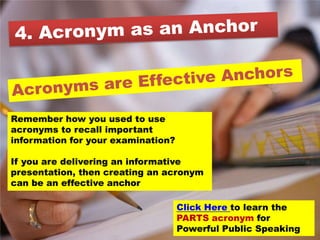 Remember how you used to use
acronyms to recall important
information for your examination?

If you are delivering an informative
presentation, then creating an acronym
can be an effective anchor

                                    Click Here to learn the
                                    PARTS acronym for
                                    Powerful Public Speaking
 