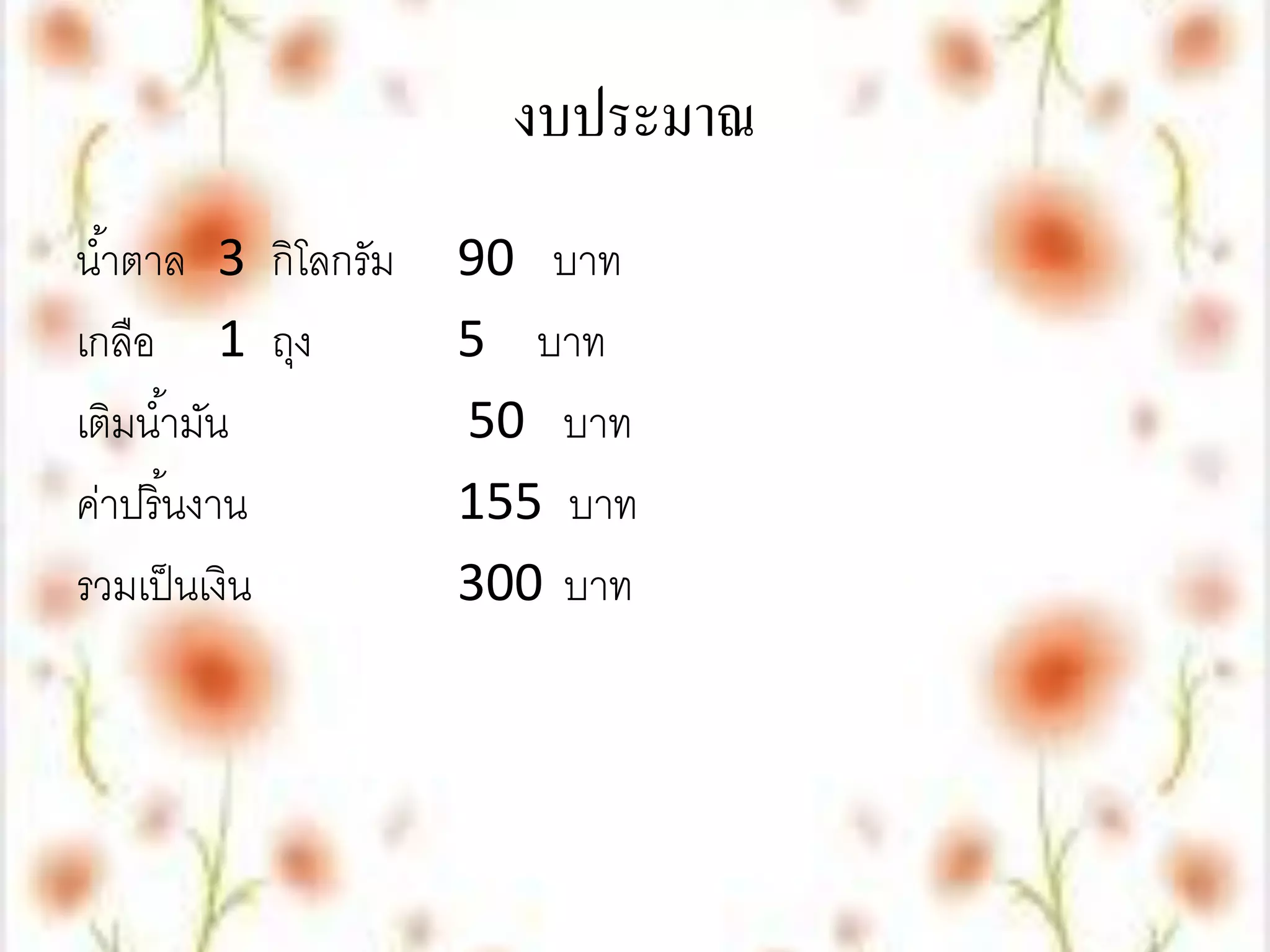 งบประมาณ
น ้าตาล 3 กิโลกรัม   90 บาท
เกลือ 1 ถุง          5 บาท
เติมน ้ามัน          50 บาท
ค่าปรินงาน
       ้             155 บาท
รวมเป็ นเงิน         300 บาท
 