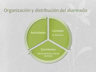 Organización y distribución del alumnado

Actividades

Comedor
(6 alumnos)

Dormitorios
(Ala de alumnos y ala de
alumnas)

 