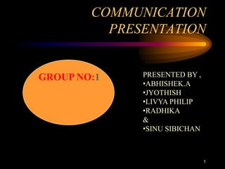 COMMUNICATION
PRESENTATION

GROUP NO:1

PRESENTED BY ,
•ABHISHEK.A
•JYOTHISH
•LIVYA PHILIP
•RADHIKA
&
•SINU SIBICHAN

1

 