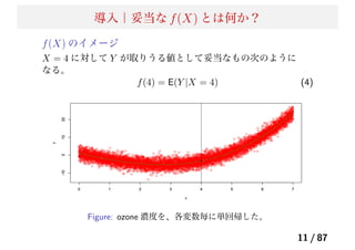 導入｜妥当な f(X) とは何か？
f(X) のイメージ
X = 4 に対して Y が取りうる値として妥当なもの次のように
なる。
f(4) = E(Y |X = 4) (4)
Figure: ozone 濃度を、各変数毎に単回帰した。
11 / 87
 