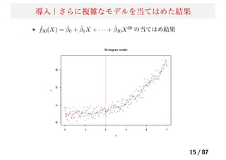 導入｜さらに複雑なモデルを当てはめた結果
ˆf30(X) = ˆβ0 + ˆβ1X + · · · + ˆβ30X30 の当てはめ結果
15 / 87
 