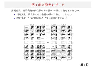 例：前立腺ガンデータ
説明変数。目的変数は前立腺のある抗体 の量の対数をとったもの。
目的変数：前立腺のある抗体の量の対数をとったもの
説明変数：8 つの臨床的な尺度（腫瘍の重さなど）
23 / 87
 
