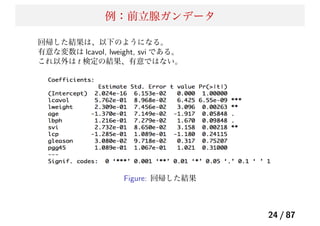 例：前立腺ガンデータ
回帰した結果は、以下のようになる。
有意な変数は lcavol, lweight, svi である。
これ以外は t 検定の結果、有意ではない。
Figure: 回帰した結果
24 / 87
 