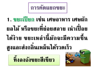 การคัดแยกขยะ
1. ขยะเปี ยก เช่น เศษอาหาร เศษผัก
ผลไม้ หรือขยะที่ย่อยสลาย เน่าเปื่ อย
ได้ง่าย ขยะเหล่านี้มักจะมีความชื้น
สูงและส่งกลิ่นเหม็นได้รวดเร็ว
ทิ้งลงถังขยะสีเขียว
 