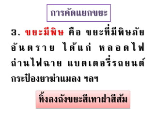 การคัดแยกขยะ
3. ขยะมีพิษ คือ ขยะที่มีพิษภัย
อั น ต ร า ย ไ ด้ แ ก่ ห ล อ ด ไ ฟ
ถ่านไฟฉาย แบตเตอรี่รถยนต์
กระป๋ องยาฆ่าแมลง ฯลฯ
ทิ้งลงถังขยะสีเทาฝาสีส้ม
 