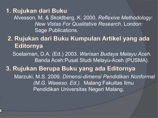 Alvesson, M. & Skoldberg, K. 2000. Reflexive Methodology: 
New Vistas For Qualitative Research. London: 
Sage Publications. 
Soelaiman, D.A. (Ed.) 2003. Warisan Budaya Melayu Aceh. 
Banda Aceh:Pusat Studi Melayu-Aceh (PUSMA). 
Marzuki, M.S. 2009. Dimensi-dimensi Pendidikan Nonformal 
(M.G. Waseso, Ed.). Malang:Fakultas Ilmu 
Pendidikan Universitas Negeri Malang. 
 