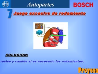 Autopartes
SOLUCION:SOLUCION:
Juego excesivo de rodamientoJuego excesivo de rodamiento
revise y cambie si es necesario los rodamientos.
 