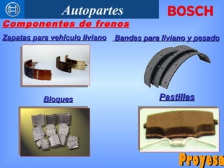 Autopartes
Componentes de frenos
PastillasPastillas
Zapatas para vehículo livianoZapatas para vehículo liviano
BloquesBloques
Bandas para liviano y pesadoBandas para liviano y pesado
 