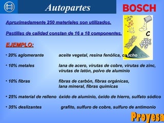 Autopartes
Aproximadamente 250 materiales son utilizados.Aproximadamente 250 materiales son utilizados.
Pastillas de calidad constan de 16 a 18 componentes.Pastillas de calidad constan de 16 a 18 componentes.
EJEMPLO:EJEMPLO:
• 20% aglomerante aceite vegetal, resina fenólica, caucho
• 10% metales lana de acero, virutas de cobre, virutas de zinc,
virutas de latón, polvo de aluminio
• 10% fibras fibras de carbón, fibras orgánicas,
lana mineral, fibras químicas
• 25% material de relleno óxido de aluminio, óxido de hierro, sulfato sódico
• 35% deslizantes grafito, sulfuro de cobre, sulfuro de antimonio
 