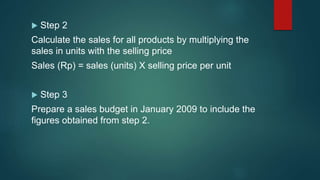  Step 2
Calculate the sales for all products by multiplying the
sales in units with the selling price
Sales (Rp) = sales ...