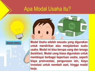 Apa Modal Usaha itu?
Modal Usaha adalah sesuatu yang digunakan
untuk mendirikan atau menjalankan suatu
usaha. Modal ini bisa berupa uang dan tenaga
(keahlian). Modal uang biasa digunakan untuk
membiayai berbagai keperluan usaha, seperti
biaya prainvestasi, pengurusan izin, biaya
investasi untuk membeli aset, hingga modal
kerja.
Secara umum
 