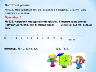 Достатній рівень
№ 623. Між числами 40 і 60 на шкалі є 4 поділки. Знайти ціну
поділки цієї шкали.
Відповідь. 5.
№ 625. Накресли координатний промінь і познач на ньому всі
натуральні числа, які: 1) менші від 8; 2) менші від 10 і більші
за 5.
Відповідь. 1) 1, 2, 3, 4, 5, 6,7. 2) 6, 7, 8, 9.
0 1 2 3 4 5 6 7 8 9 10
Рис. 11
 