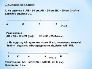 Домашнє завдання
1. На рисунку 1 AB = 50 см, AD = 35 см, BC = 29 см. Знайти
довжину відрізка CD.
Розв’язання.
АC = 50 – 29 = 21 (см); CD = 35 - 21=14 (см).
A C D B
Рис.1
2. На відрізку AB, довжина якого 16 см, позначено точку M.
Знайти відстань між серединами відрізків AM і MB.
Розв’язання. AK + MN = KM + NB=16 2= 8(∶ см).
Відповідь : 8 см.
A K M N B
Рис. 2
 