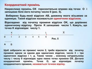 Координатний промінь
Накреслимо промінь OX горизонтально вправо від точки O і
запишемо біля його початку число 0 (рис. 5).
Виберемо будь-який відрізок AB, довжину якого візьмемо за
одиницю. Такий відрізок називається одиничним відрізком.
Відкладемо від початку променя відрізок OK, що дорівнює
одиничному відрізку. Проти K запишемо число 1. Кажуть, що
точка K відповідає числу 1.
А В
Щоб зобразити на промені число 2, треба відкласти від початку
променя одним за одним два одиничних відрізки, число 3 – три
одиничних відрізка і т. д. Таким чином , кожному натуральному
числу і числу 0 відповідає одна певна точка променя OX. Дістали
координатний промінь. Точка О, що відповідає початку
координатного променя, називається точкою відліку.
Рис. 5
0 1 2 3 4 5 6
К L Х
 