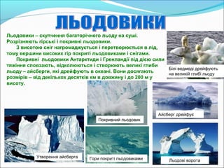 Льодовики – скупчення багаторічного льоду на суші.
Розрізняють гірські і покривні льодовики.
З висотою сніг нагромаджується і перетворюється в лід,
тому вершини високих гір покриті льодовиками і снігами.
Покривні льодовики Антарктиди і Гренландії під дією сили
тяжіння сповзають, відколюються і створюють великі глиби
льоду – айсберги, які дрейфують в океані. Вони досягають
розмірів – від декількох десятків км в довжину і до 200 м у
висоту.
Утворення айсберга
Покривний льодовик
Айсберг дрейфує
Білі ведмеді дрейфують
на великій глибі льоду
Льодові воротаГори покриті льодовиками
 