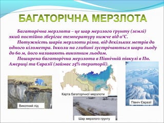 Багаторічна мерзлота – це шар мерзлого ґрунту (землі)
який постійно зберігає температуру нижче від 0°С.
Потужність шарів мерзлоти різна, від декількох метрів до
одного кілометра. Інколи на глибині зустрічаються шари льоду
до 60 м, його називають викопним льодом.
Поширена багаторічна мерзлота в Північній півкулі в Пн.
Америці та Євразії (займає 25% території).
Викопний лід
Карта багаторічної мерзлоти
Шар мерзлого грунту
Північ Євразії
 