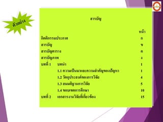 สารบัญ
หน้า
กิตติกรรมประกาศ ก
สารบัญ ข
สารบัญตาราง ค
สารบัญภาพ ง
บทที่ 1 บทนา 1
1.1 ความเป็นมาและความสาคัญของปัญหา 1
1.2 วัตถุประสงค์ของการวิจัย 4
1.3 สมมติฐานการวิจัย 5
1.4 ขอบเขตการศึกษา 10
บทที่ 2 เอกสารงานวิจัยที่เกี่ยวข้อง 15
 