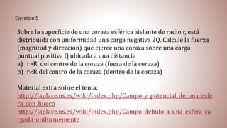 Ejercicio 5
Sobre la superficie de una coraza esférica aislante de radio r, está
distribuida con uniformidad una carga negativa 2Q. Calcule la fuerza
(magnitud y dirección) que ejerce una coraza sobre una carga
puntual positiva Q ubicada a una distancia
a) r>R del centro de la coraza (fuera de la coraza)
b) r˂R del centro de la coraza (dentro de la coraza)
Material extra sobre el tema:
http://laplace.us.es/wiki/index.php/Campo_y_potencial_de_una_esfe
ra_con_hueco
http://laplace.us.es/wiki/index.php/Campo_debido_a_una_esfera_ca
rgada_uniformemente
 