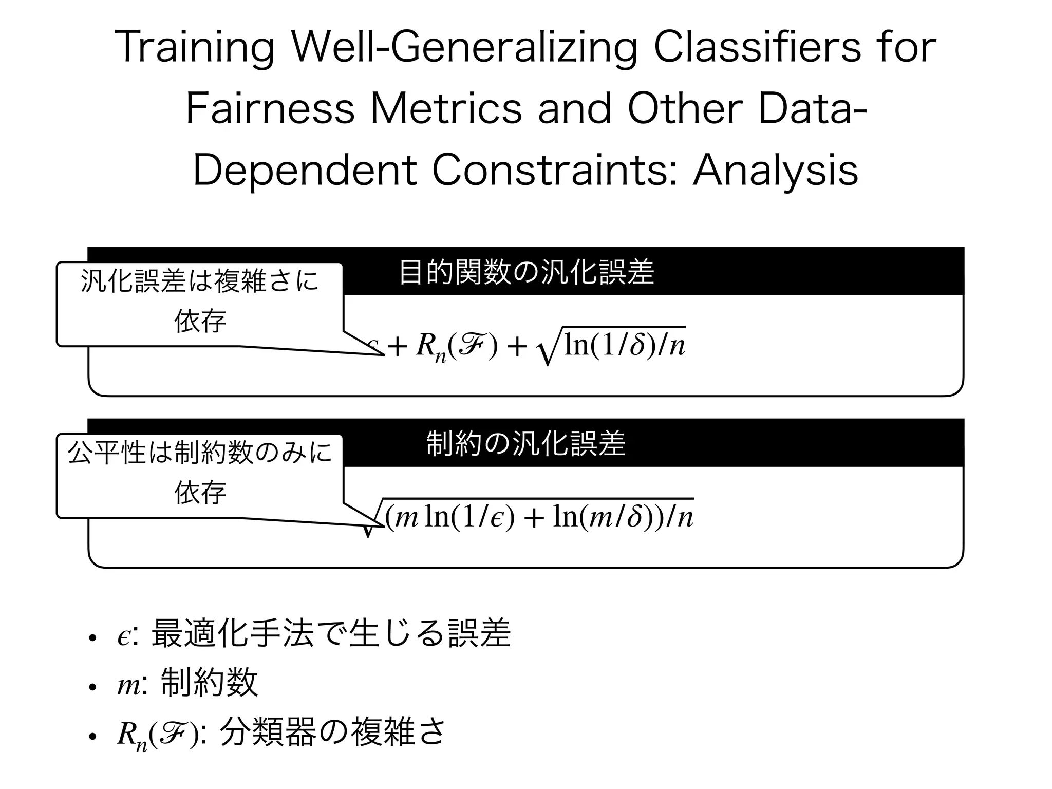 Training Well-Generalizing Classiﬁers for
Fairness Metrics and Other Data-
Dependent Constraints: Analysis
ϵ + Rn(ℱ) + ln(1/δ)/n
目的関数の汎化誤差
(m ln(1/ϵ) + ln(m/δ))/n
制約の汎化誤差
汎化誤差は複雑さに
依存
公平性は制約数のみに
依存
• : 最適化手法で生じる誤差
• : 制約数
• : 分類器の複雑さ
ϵ
m
Rn(ℱ)
 