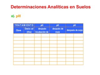 Determinaciones Analíticas en Suelos
a). pH
Clave
Dosis cal
(t/ha)
T9 4.0 6.2 a 6.1 a 6.4 a
T8 3.5 6.2 a 6.0 ab 6.1 ab
T7 3.0 6.1 ab 5.8 abc 6 bc
T6 2.5 6.1 ab 5.8 abc 5.7 cd
T5 2.0 5.9 abc 5.5 bcd 5.6 de
T4 1.5 5.8 abc 5.4 cde 5.4 def
T3 1.0 5.5 bc 5.3 cde 5.3 ef
T2 0.5 5.4 c 5.2 de 5.1 f
T1 0.0 4.9 d 5.0 e 4.6 g
después de soya
T R A T A M I EN T O pH pH pH
después
incubación de
después de
maíz
 