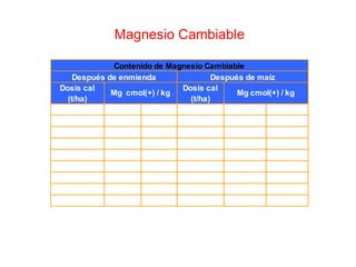 Magnesio Cambiable
Dosis cal
(t/ha)
Dosis cal
(t/ha)
4.0(T9) 1.21 a 2.5(T6) 1.26 a
2.0(T5) 1.2 a 2.0(T5) 1.2 ab
3.5(T8) 1.15 a 4.0(T9) 1.17 ab
2.5(T6) 1.14 a 3.5(T8) 1.09 abc
3.0(T7) 1.06 a 1.5(T4) 1.07 abc
1.0(T3) 1.04 a 3.0(T7) 0.93 abcd
1.5(T4) 1.02 a 1.0(T3) 0.87 bcd
0.0(T1) 0.95 a 0.5(T2) 0.83 cd
0.5(T2) 0.86 a 0.0(T1) 0.72 d
Contenido de Magnesio Cambiable
Después de enmienda Después de maíz
Mg cmol(+) / kg Mg cmol(+) / kg
 