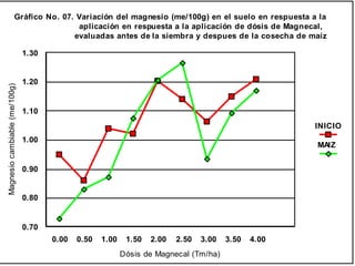 0.00 0.50 1.00 1.50 2.00 2.50 3.00 3.50 4.00
Dósis de Magnecal (Tm/ha)
0.70
0.80
0.90
1.00
1.10
1.20
1.30
Magnesiocambiable(me/100g)
INICIO
MAIZ
Gráfico No. 07. Variación del magnesio (me/100g) en el suelo en respuesta a la
aplicación en respuesta a la aplicación de dósis de Magnecal,
evaluadas antes de la siembra y despues de la cosecha de maíz
 