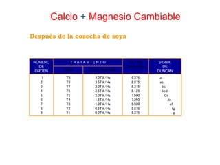 NÚMERO
DE
ORDEN
T R A T A M I E N T O Ca + Mg
Cambiables
SIGNIF.
DE
DUNCANClave Dosis Magnecal
1
2
3
4
5
6
7
8
9
T9
T8
T7
T6
T5
T4
T3
T2
T1
4.0TM/Ha
3.5TM/Ha
3.0TM/Ha
2.5TM/Ha
2.0TM/Ha
1.5TM/Ha
1.0TM/Ha
0.5TM/Ha
0.0TM/Ha
9.375
8.875
8.375
8.125
7.500
7.250
6.500
5.875
5.375
a
ab
bc
bcd
Cd
de
ef
fg
g
Calcio + Magnesio Cambiable
Después de la cosecha de soya
 