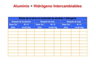 Aluminio + Hidrógeno Intercambiables
Dosis Cal
(t/ha)
Dosis Cal
(t/ha)
Dosis Cal
(t/ha)
0.0(T1) 0.11 a 0.5(T2) 0.09 a 0.0(T1) 0.77 a
0.5(T2) 0.11 a 1.5(T4) 0.09 a 0.5(T2) 0.35 b
1.0(T3) 0.10 ab 0.0(T1) 0.08 b 1.0(T3) 0.30 bc
1.5(T4) 0.09 ab 1.0(T3) 0.08 b 1.5(T4) 0.22 bcd
2.0(T5) 0.08 ab 2.0(T5) 0.08 b 2.0(T5) 0.15 bcd
2.5(T6) 0.06 ab 2.5(T6) 0.08 b 2.5(T6) 0.10 cd
3.0(T7) 0.04 ab 3.0(T7) 0.08 b 3.0(T7) 0.10 cd
3.5(T8) 0.04 ab 3.5(T8) 0.08 b 3.5(T8) 0.05 d
4.0(T9) 0.02 b 4.0(T9) 0.08 b 4.0(T9) 0.02 d
Efecto de la cal en el contenido de aluminio + hidrogeno
Después de soya
Al + H
cmol(+)/kg
Después de incubación Después de maíz
Al + H
cmol(+)/kg
Al + H
cmol/(+)kg
 