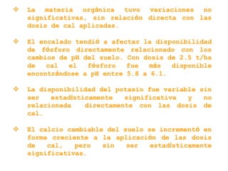  La materia orgánica tuvo variaciones no
significativas, sin relación directa con las
dosis de cal aplicadas.
 El encalado tendió a afectar la disponibilidad
de fósforo directamente relacionado con los
cambios de pH del suelo. Con dosis de 2.5 t/ha
de cal el fósforo fue más disponible
encontrándose a pH entre 5.8 a 6.1.
 La disponibilidad del potasio fue variable sin
ser estadísticamente significativa y no
relacionada directamente con las dosis de
cal.
 El calcio cambiable del suelo se incrementó en
forma creciente a la aplicación de las dosis
de cal, pero sin ser estadísticamente
significativas.
 
